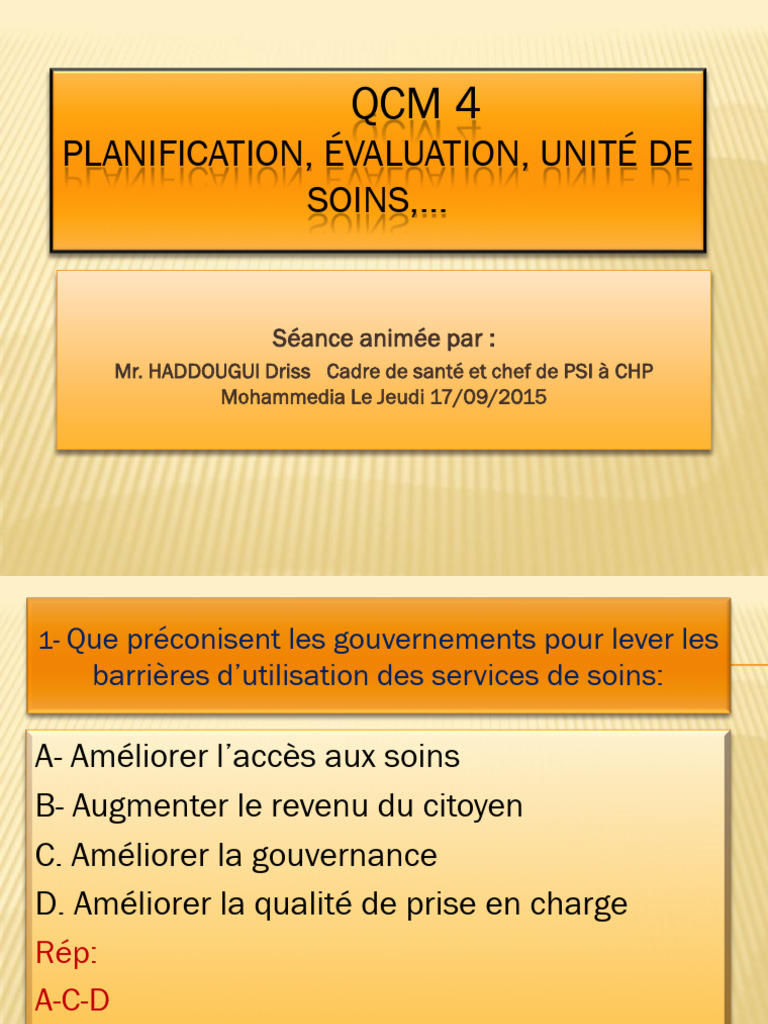 QCM 4 Modifi Corrig (Planification, Valuation, Unit de Soins) (1) | PDF ...
