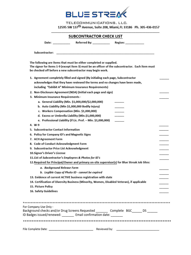 Subcontractor Checklist for Compliance | PDF | Liability Insurance ...