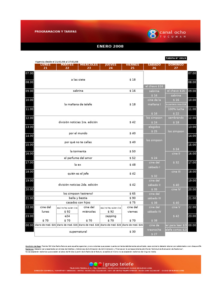 Tarifas y Programación Telefe Enero 2008 | PDF
