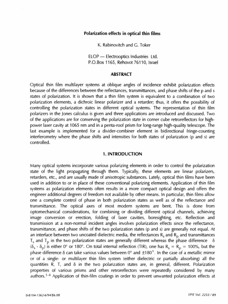 Rabinovitch and Toker, Polarization Effects in Optical Thin Films, SPIE ...