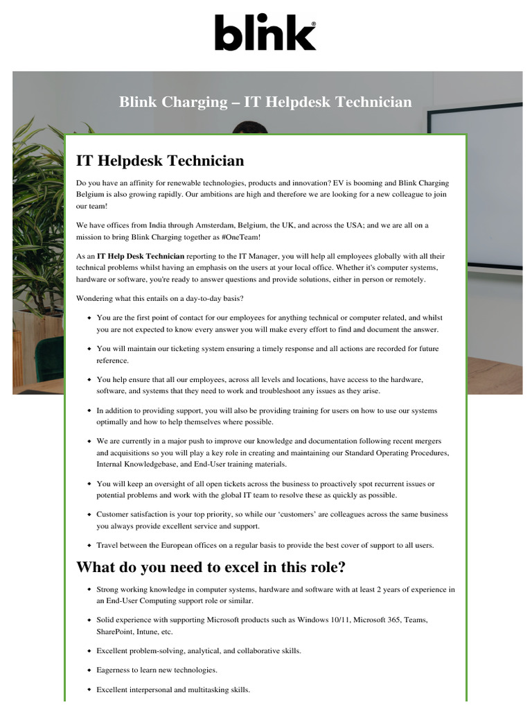 IT Helpdesk Technician at Blink Charging | PDF | Equal Employment ...