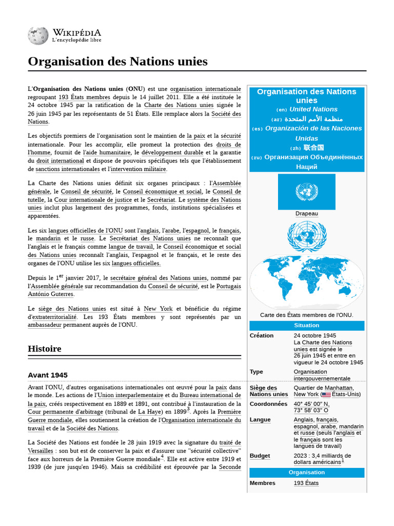 Organisation des Nations Unies : Histoire | PDF | Nations unies ...