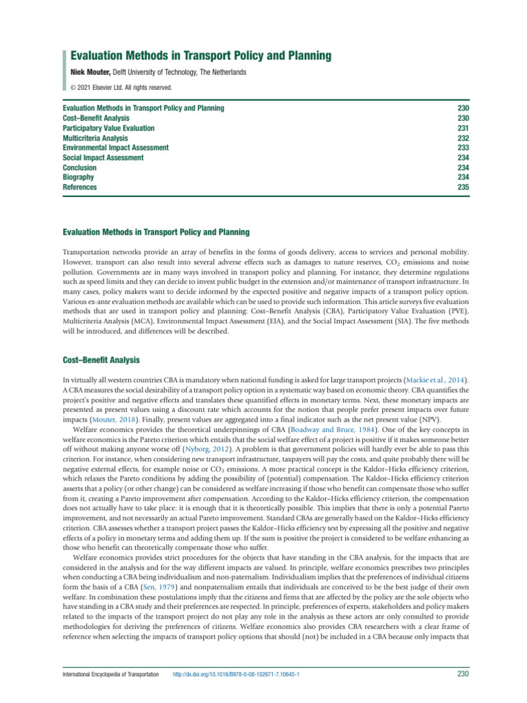 Evaluation Methods in Transport Policy and Planning | PDF | Cost ...