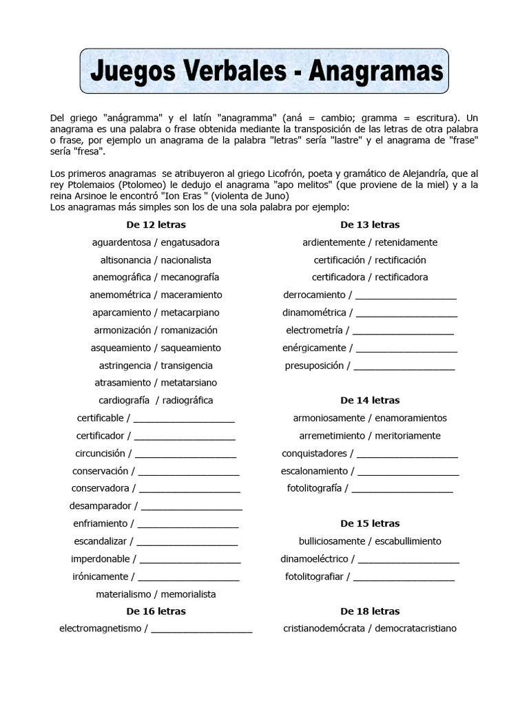 Ejercicios y ejemplos de anagramas | PDF