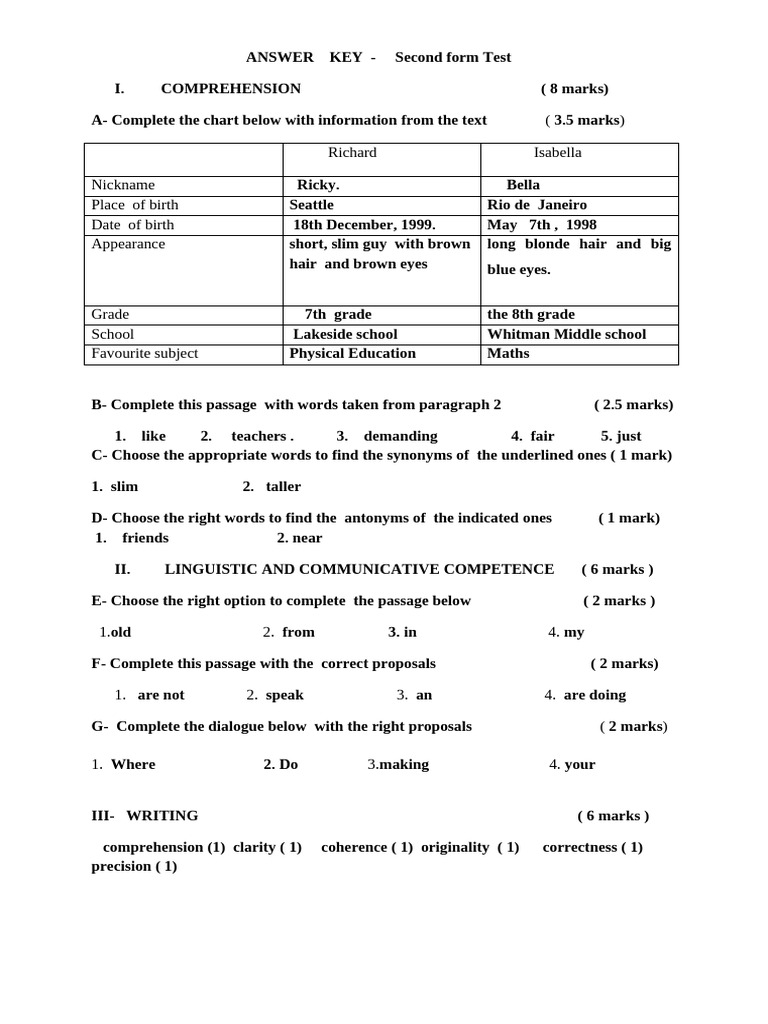 Second Form Test Answer Key | PDF