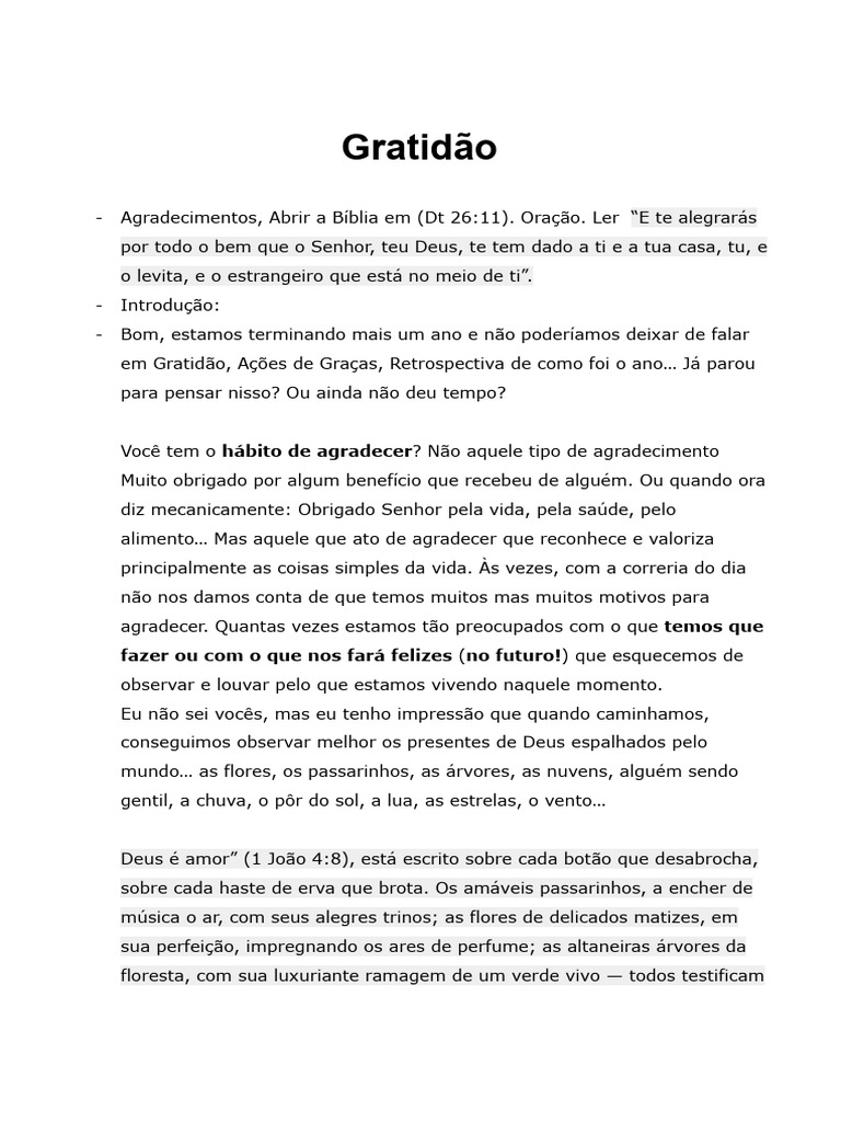Pregação sobre Gratidão e Louvor a Deus | PDF | Amor | Deus