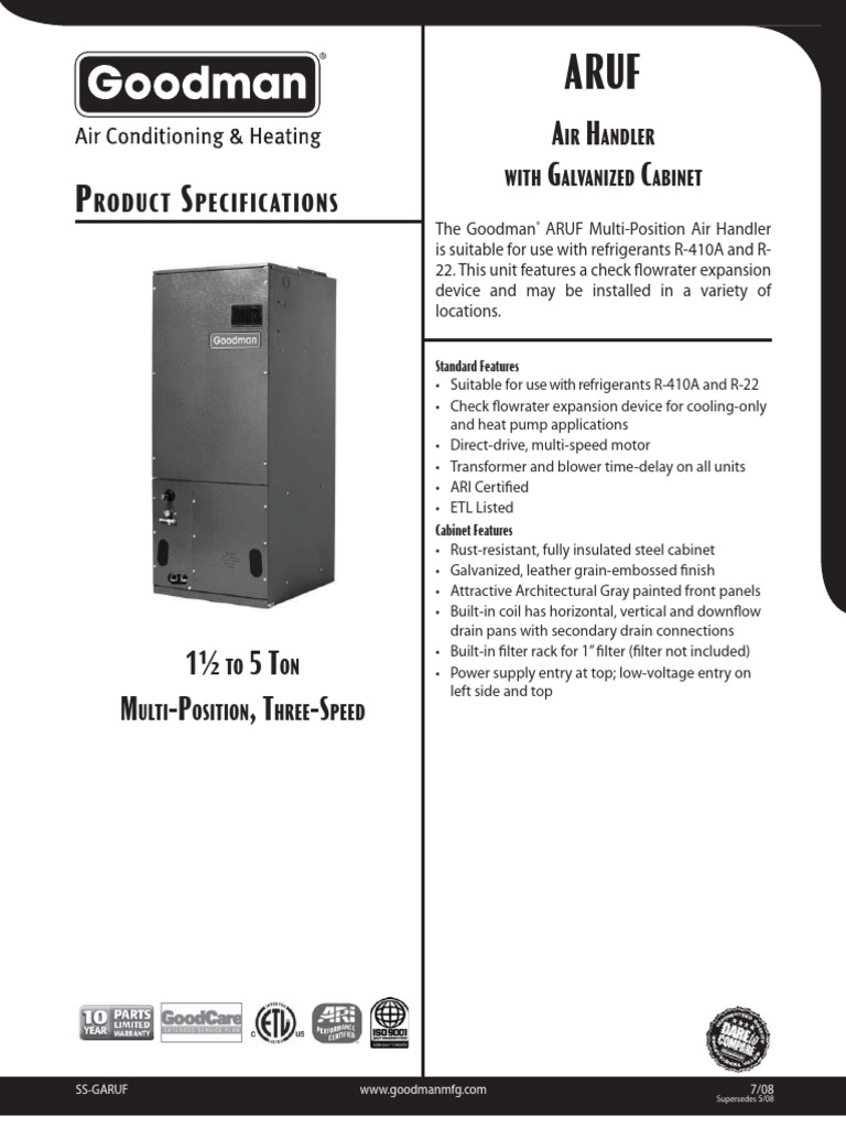 Goodman-ARUF-Air-Handler-Specs ARUF486016AA | PDF | Inductor | Physical ...