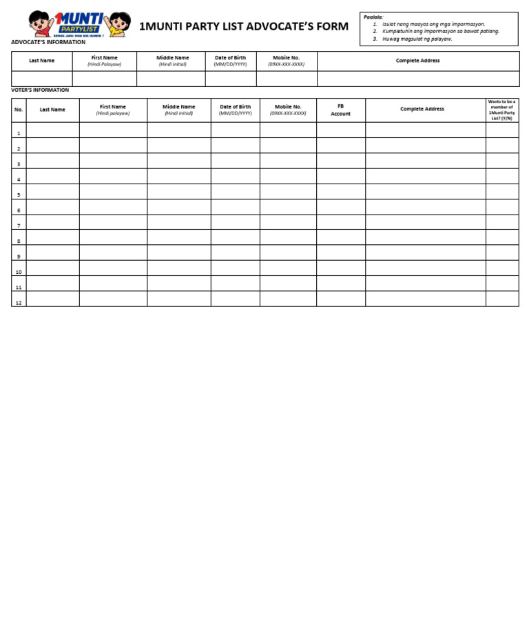 1Munti Party List Advocate Form | PDF