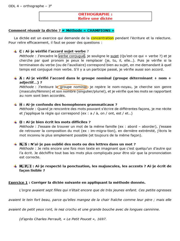 Relire sa dictée : méthode CHAMPIONS | PDF | Genre grammatical | Nombre ...