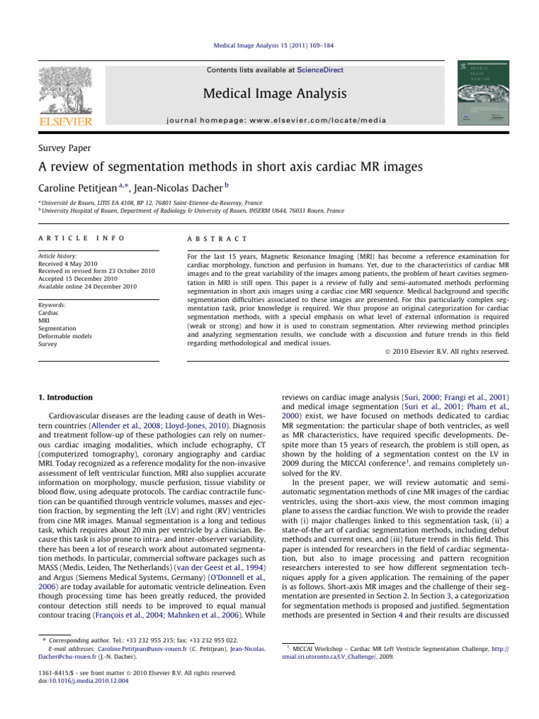 A Review of Segmentation Methods in Short Axis Cardiac MR Images | PDF ...