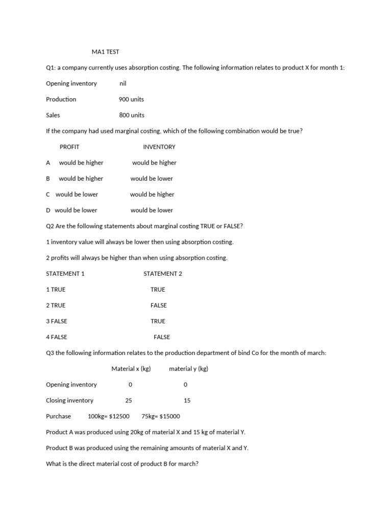 MA1 Test: Costing and Accounting Concepts | PDF | Business | Economies
