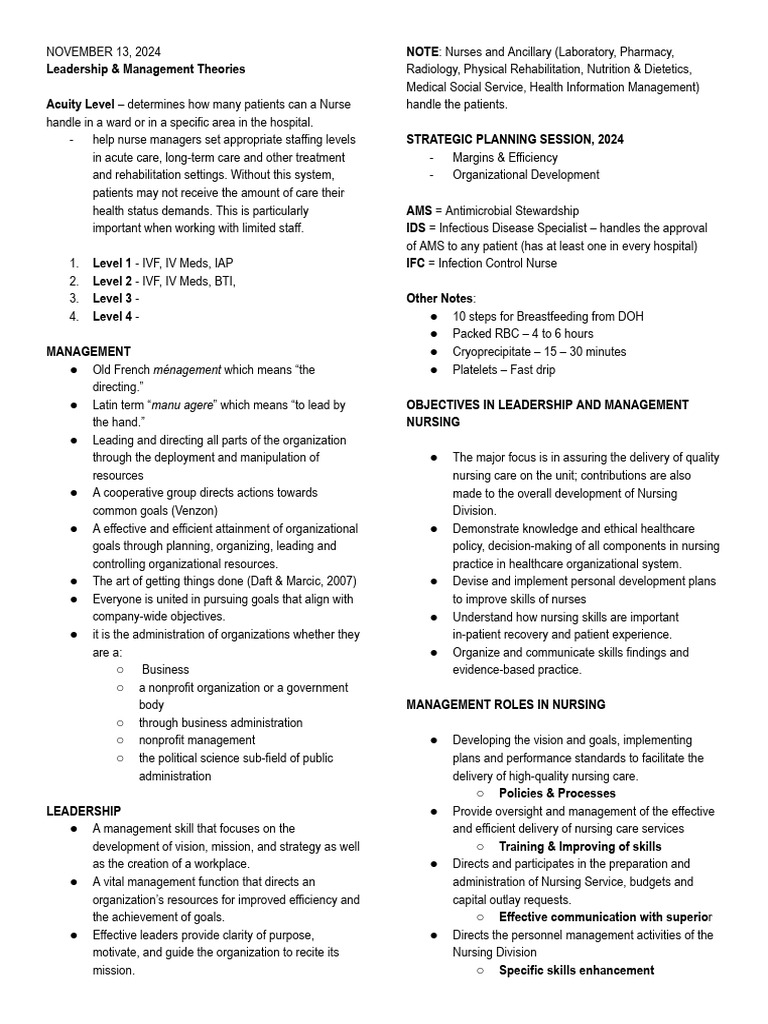 Leadership Nov. 13 2024 | PDF | Nursing | Goal