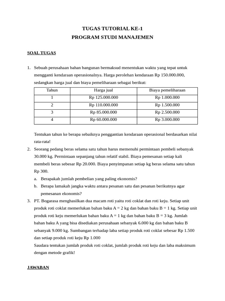 Tugas Tutorial Ke-1 - Riset Operasi JAWABAN | PDF