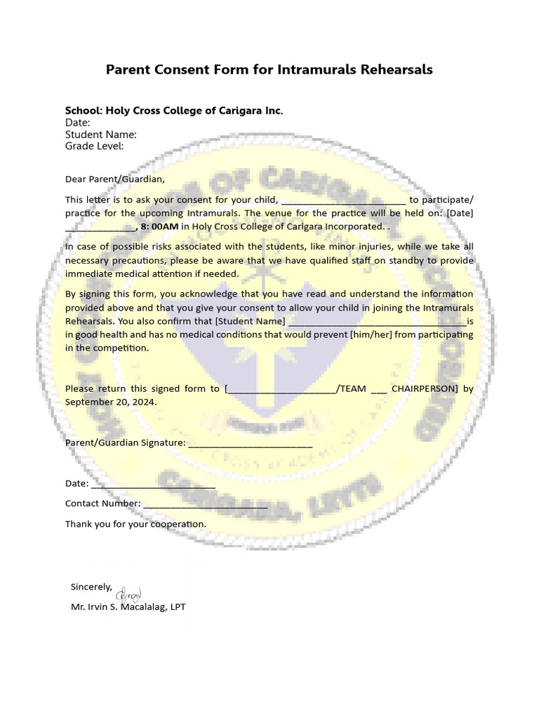 Parent Consent for Intramurals Rehearsals | PDF