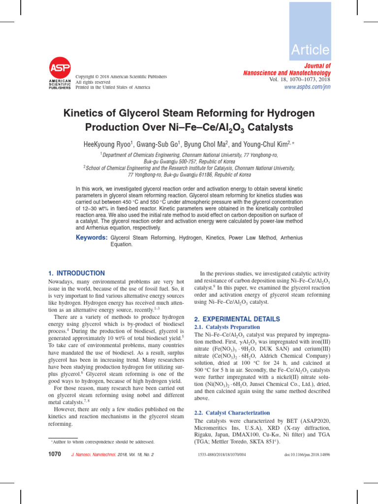 2018 Ryoo - Kinetics of Glycerol Steam Reforming For Hydrogen | PDF ...