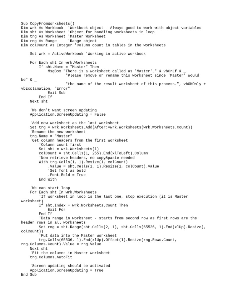 Excel VBA Combine Worksheets Script | PDF | Worksheet | Computer ...