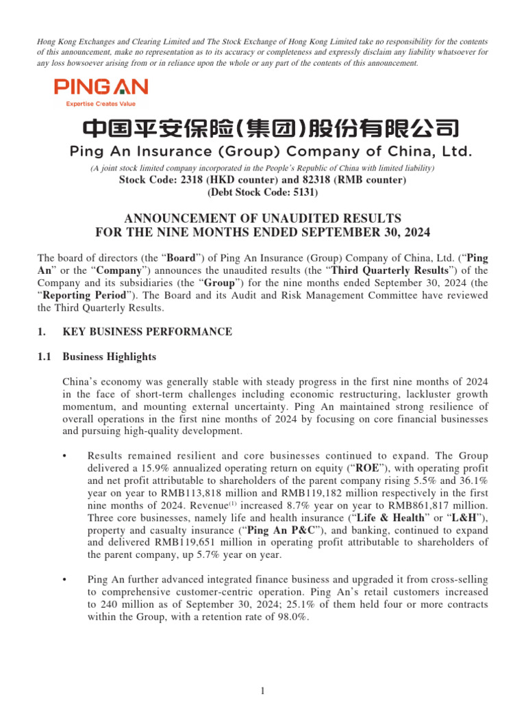 Pingan 3q24 Results Report | PDF | Investing | Insurance
