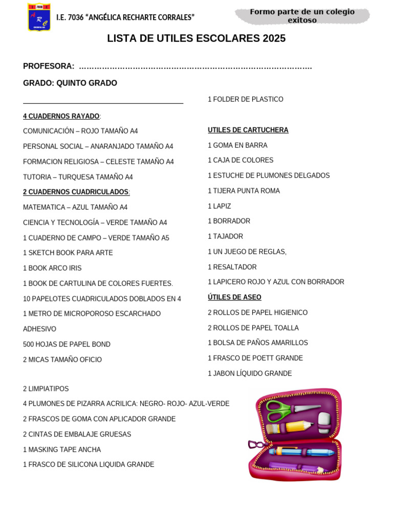 Lista de útiles 5to grado 2025 | PDF