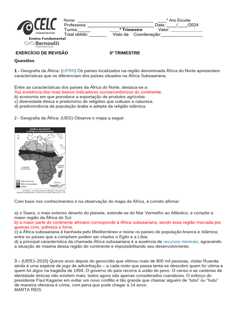 Questões sobre a África - 8º Ano | PDF | África | Apartheid