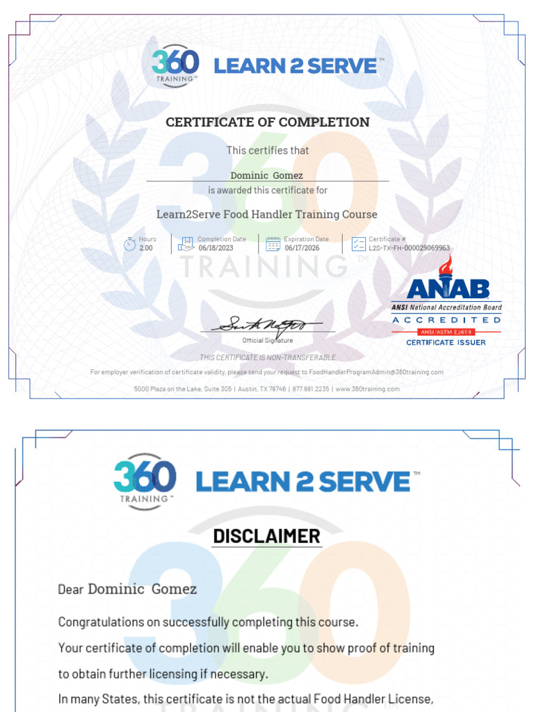 Learn2Serve Food Handler Certificate | PDF