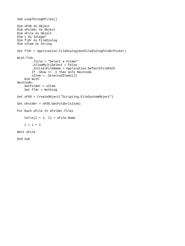 VBA Script to List Folder Files | PDF