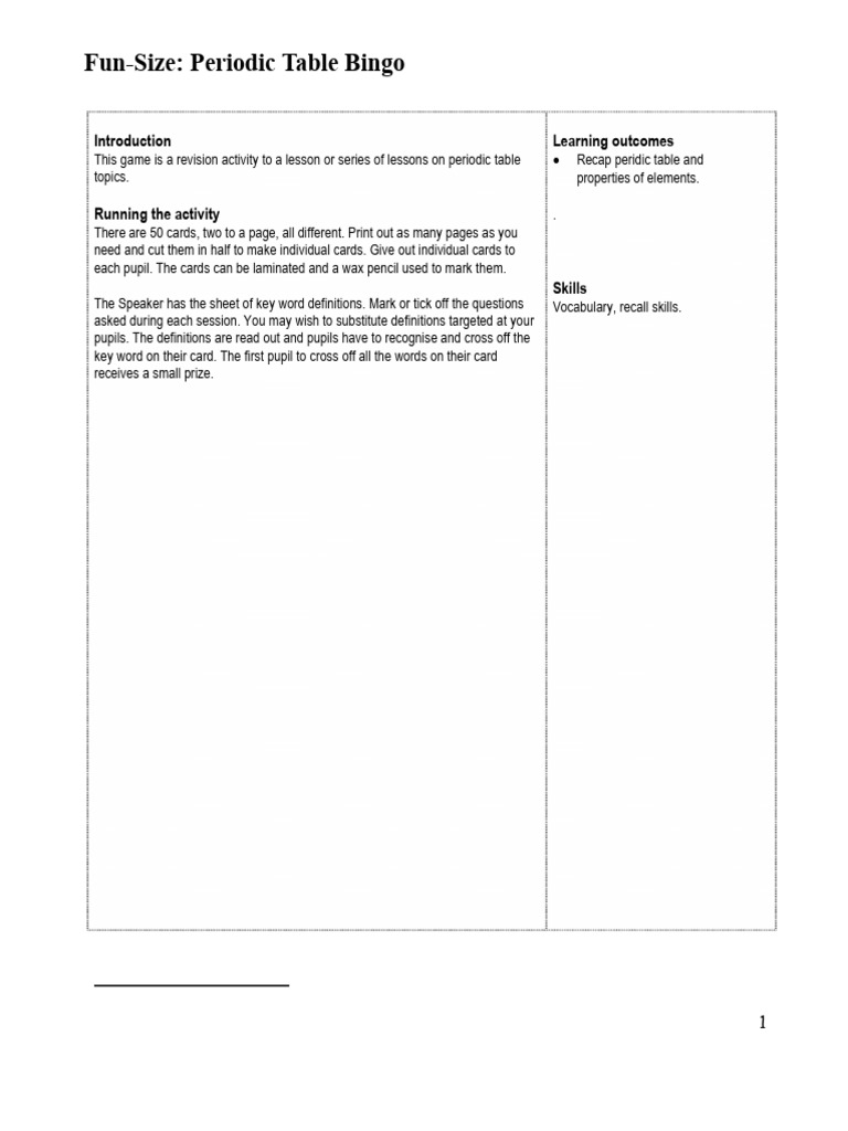 Periodic table bingo1 | PDF | Chlorine | Periodic Table