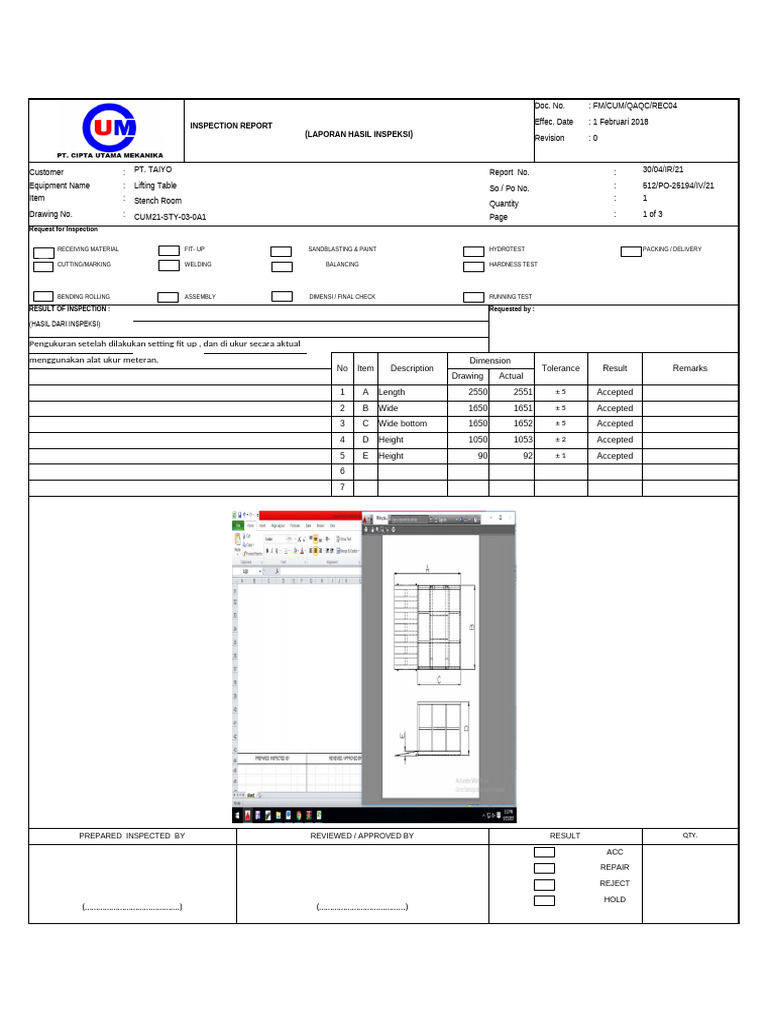 Inspection Dimensions Report for Lifting Table | PDF | Mechanical ...