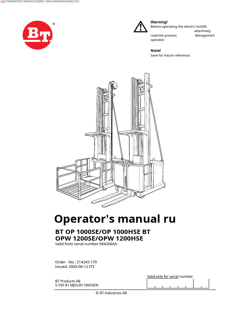 Operator Manual for BT OP 1000 Forklift | PDF | Truck | Forklift