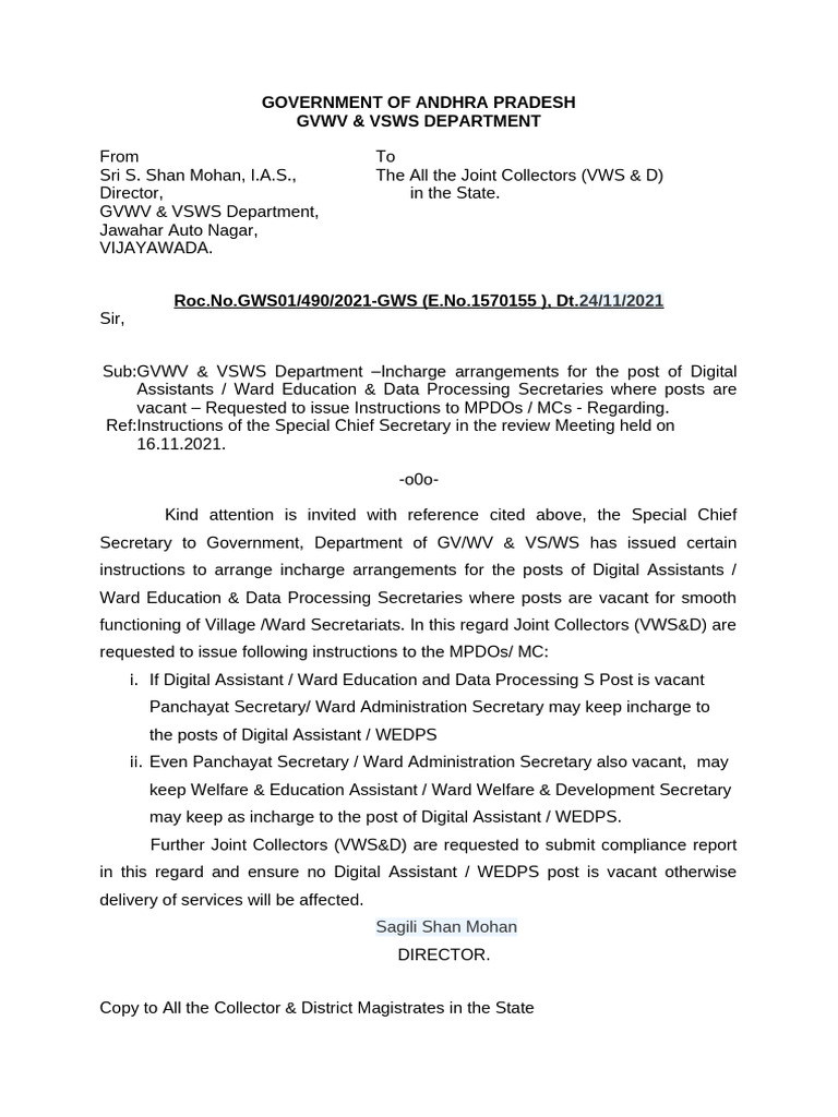 GSWS Incharge Arrangements | PDF | Government | Government Of India