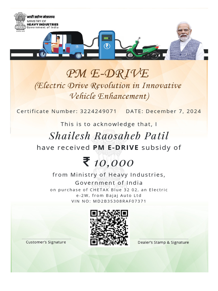 PM E-Drive Subsidy Certificate | PDF
