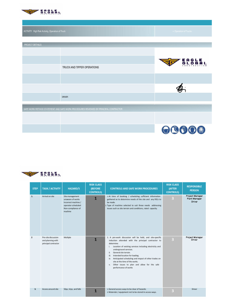 SWMS Truck and Tipper Eg 22 | PDF | Occupational Safety And Health | Safety