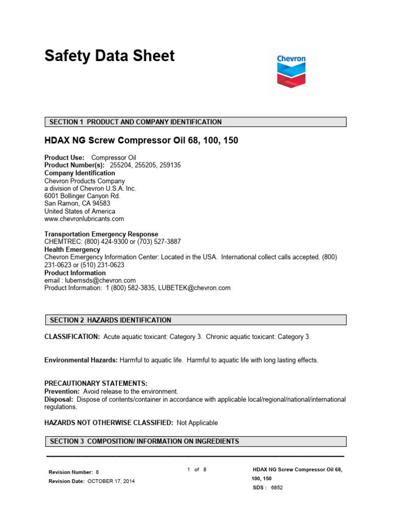 HDAX NG Screw Compressor Oil SDS | PDF | Personal Protective Equipment ...
