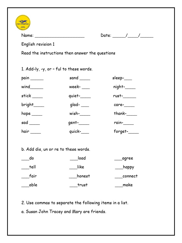 English Revision Worksheet | PDF