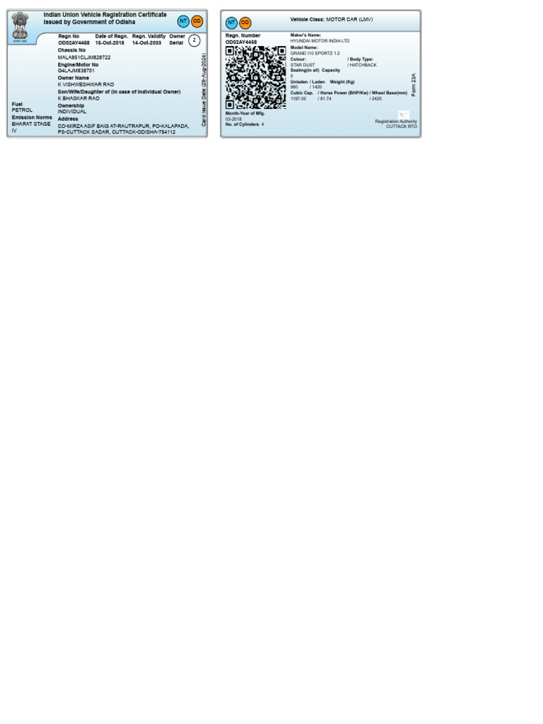 OD02AY4458 RC | PDF | Vehicles | Motor Vehicle Manufacturers