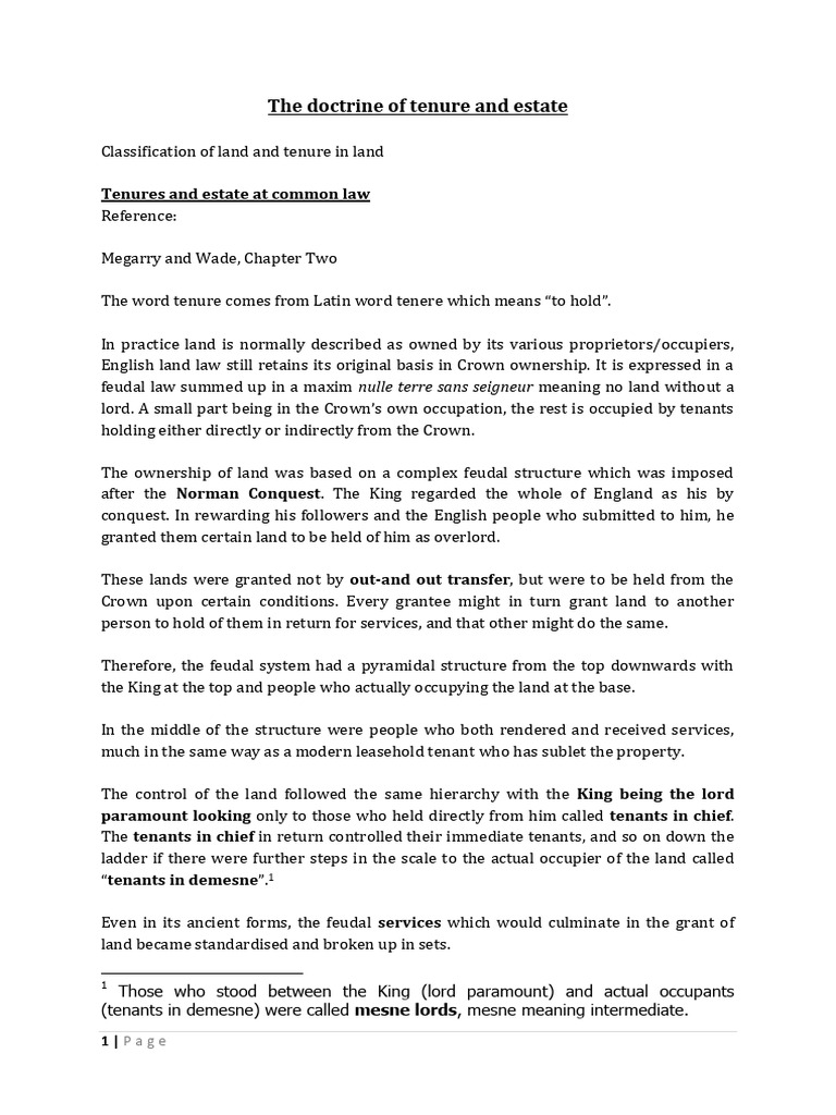 Tenure and Estate in English Land Law | PDF | Fee Simple | Leasehold Estate