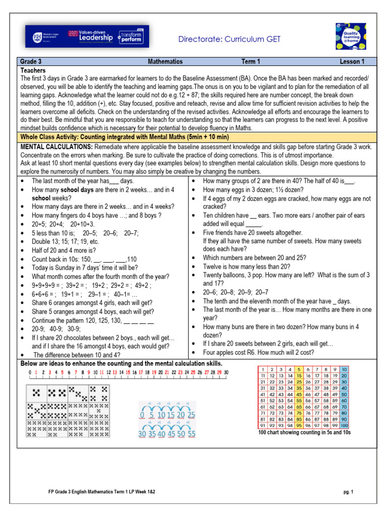 Grade 3 Term 1 Math Lesson Plan | PDF | Mathematics | Algebra