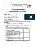 Department of Industrial Engineering Student Trainee Evaluation Sheet