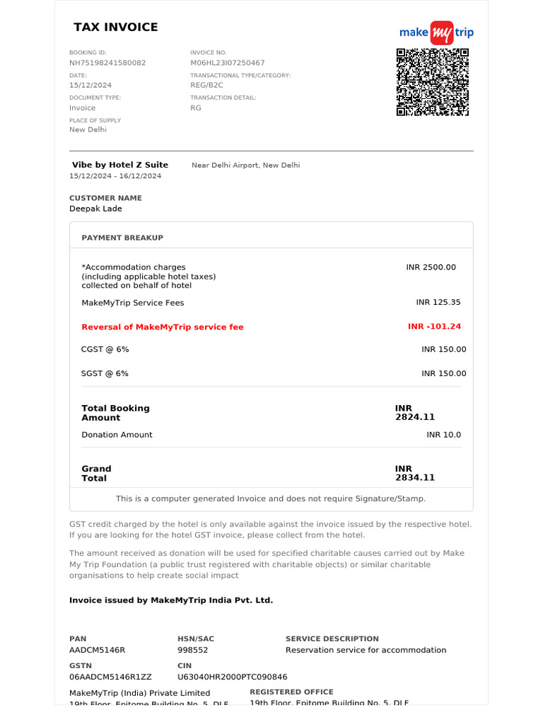 MakeMyTrip Hotel Invoice Details | PDF