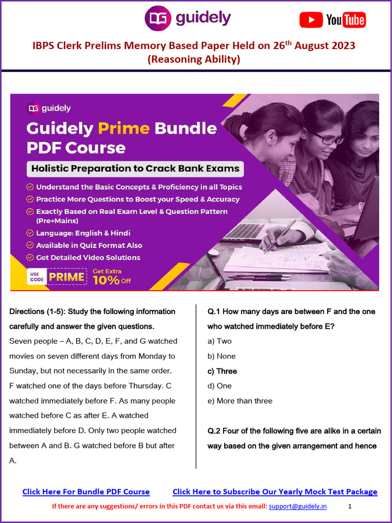 Ibps Clerk Prelims Memory Based Paper PDF Held On 26th August Reasoning ...