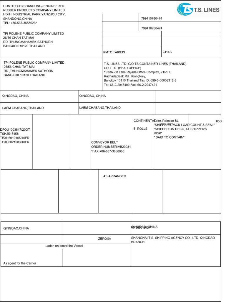 Taodoc016 799410760474 BL 091220241404401 | PDF | Cargo | Bill Of Lading