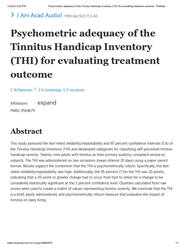 Psychometric Adequacy of The Tinnitus Handicap Inventory (THI) For ...