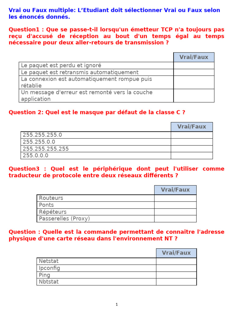 QCM sur les Réseaux Informatiques | PDF | Adresse IP | Réseau informatique