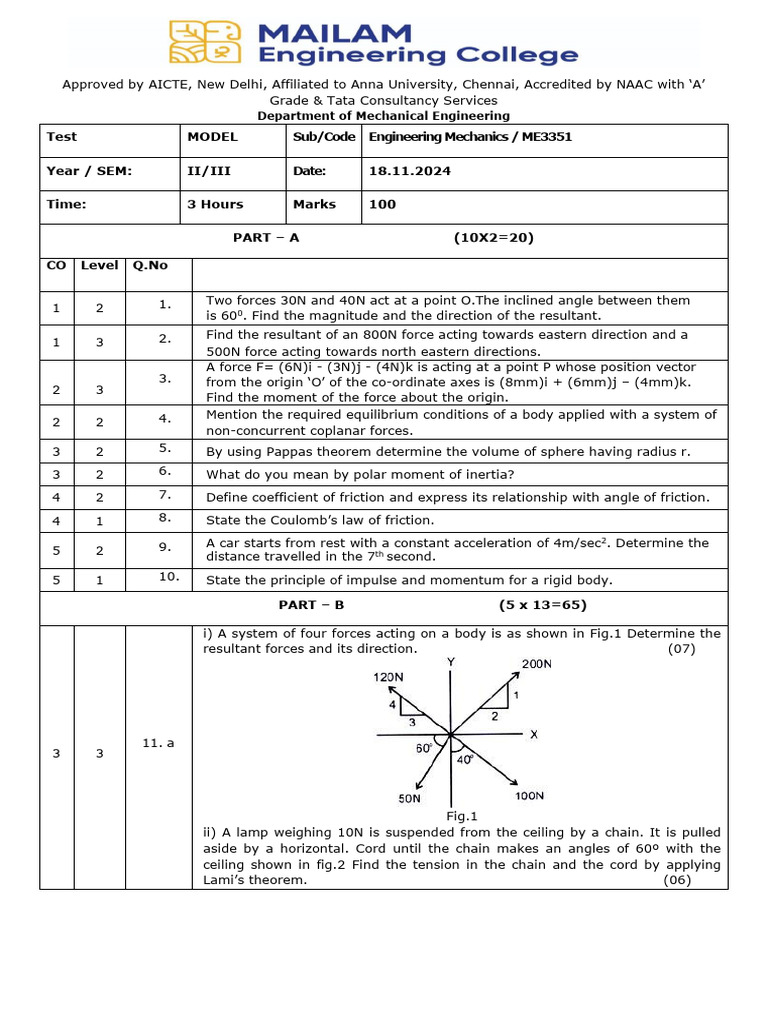 Engineering Mechanics Exam Model ME3351 | PDF | Force | Friction