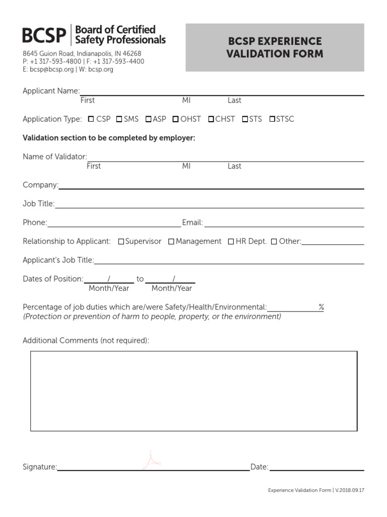 BCSP Experience Validation Form | PDF
