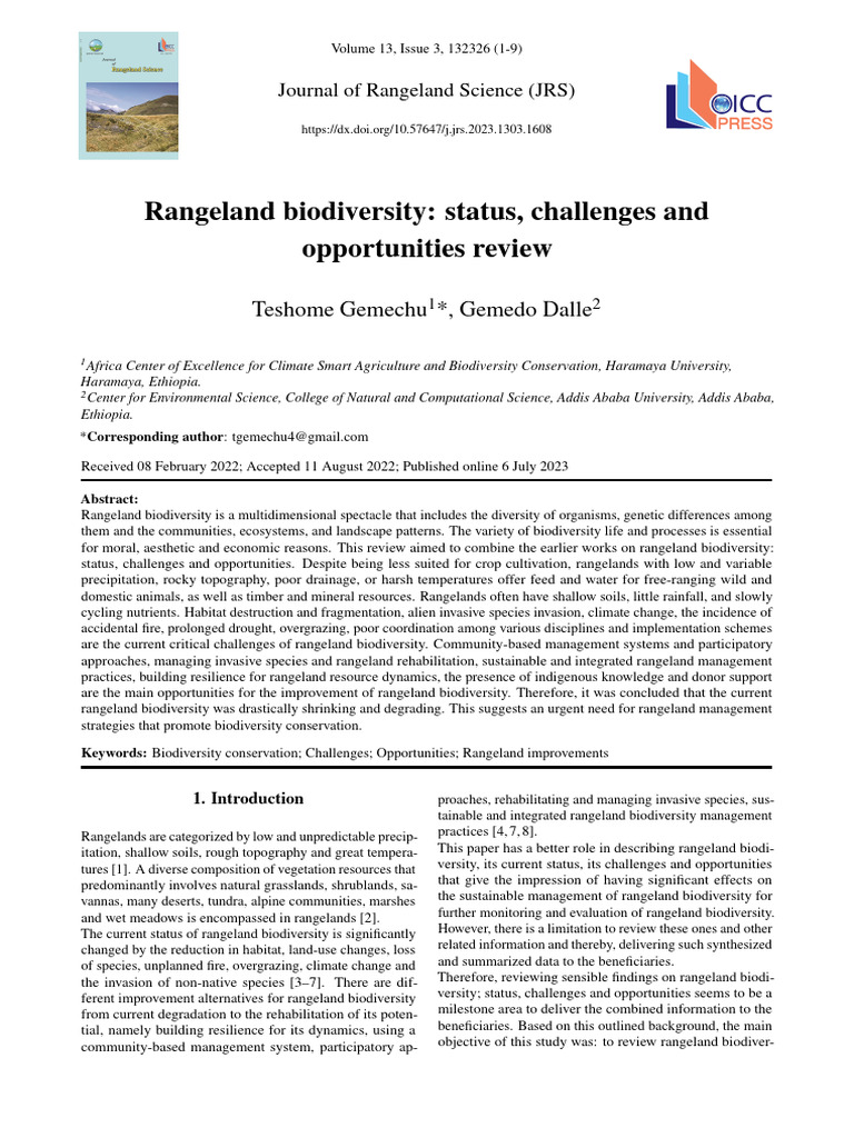 Rangeland Biodiversity Status, Challenges and | PDF | Biodiversity ...