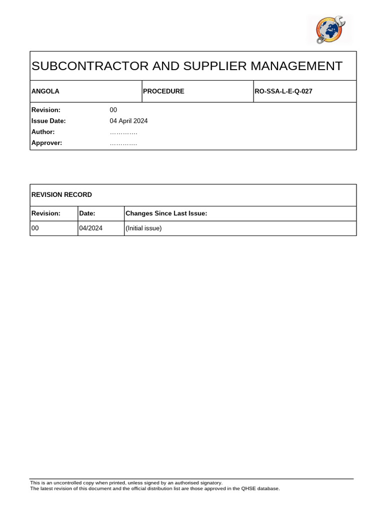 Subcontractor Management Procedure Angola | PDF | Regulatory Compliance ...