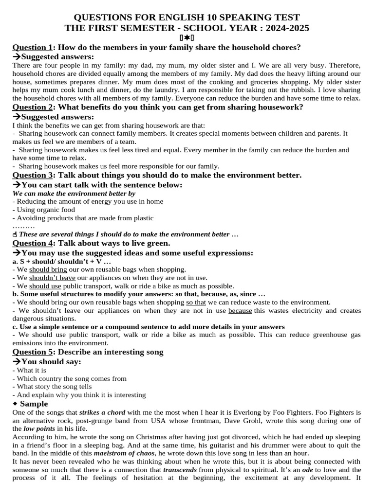 English 10 Speaking Test Questions | PDF | Invention
