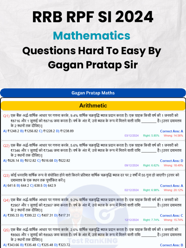 RRB RPF SI 2024 Mathematics Questions Hard To Easy by Gagan Pratap | PDF
