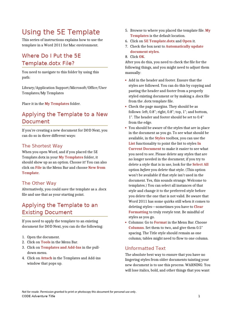 Using the 5e Template PDF Microsoft Word Computer File