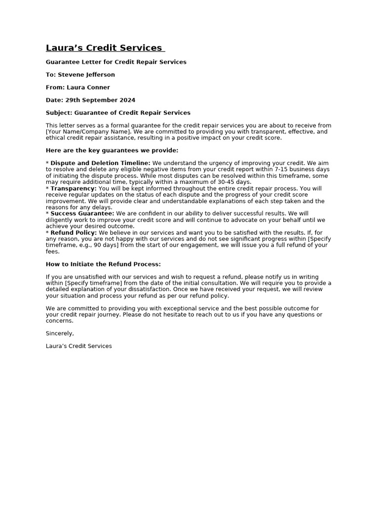 Credit Repair Service Guarantee Letter | PDF